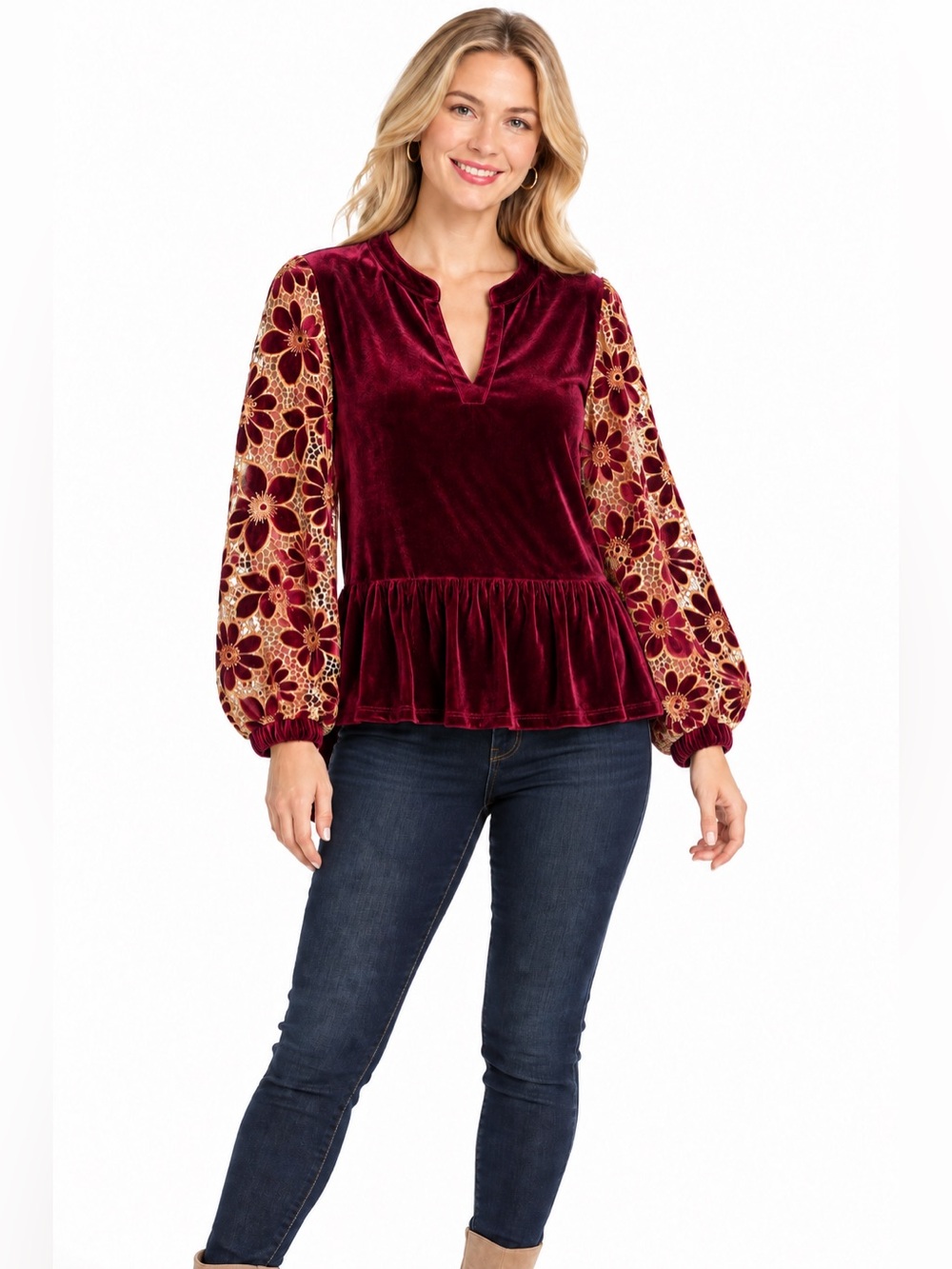 Umgee NWT Size Medium Velvet Peplum Blouse with Floral Lace Sleeves - Burgundy